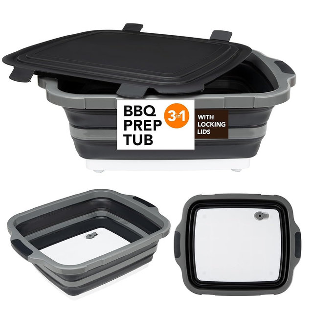 Large Collapsible BBQ Prep Tub with Locking Lid, Basket for Meal Prep Marinating Food Storage, Plastic Cutting Board(4.22 Gal/16L), Camping Sink with Colander, Dish Basin