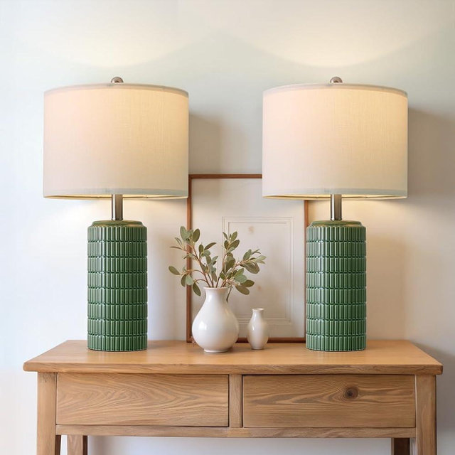 PoKat 24" Modern Ceramic Table Lamps Set of 2 for Bedroom, Green Bedside Lamps for Night Stands, Farmhouse House Decor Nightstand Table Lamps for Living Room End Table Green