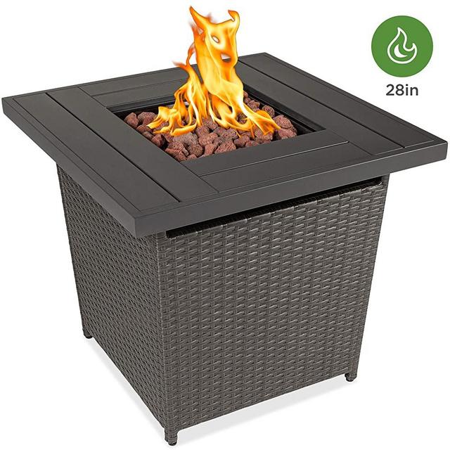 Best Choice Products 28in Fire Pit Table 50,000 BTU Outdoor Wicker Patio w/Lava Rocks, Cover, Tank Holder Gray