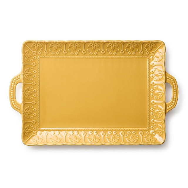 Provence 20-Inch Embossed Rectangular Stoneware Platter with Handles – Old World French Country Style – Large Mustard Yellow Serving Tray for Entertaining & Holidays
