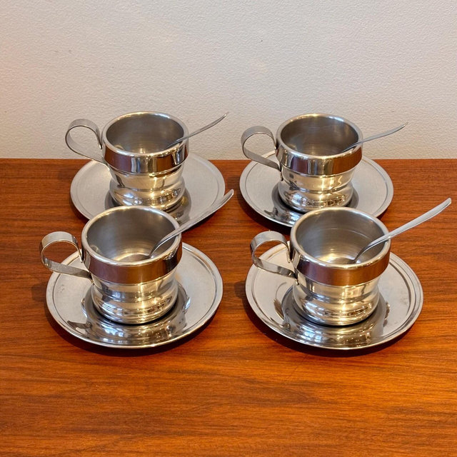Vintage Italian Rivadossi La Termica “Jolly” Espresso Cup & Saucer 18/8 Stainless Double Walled Insulated Cups Coffee Drinkware Set of 4