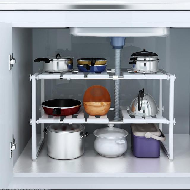 UBesGoo Space Saving Rack 2 Tier Stackable Under Sink Shelf Adjustable Kitchen Cabinet