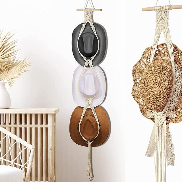 Macrame Hat Hangers Boho Hat Hangers for Wall Bohemian Women Hat Rack Hat Organizer for Wall Hanging Hat Display Hand Weaving Hat Rack Decorative Cap Holder for Wide Brim Caps (White, Three Hats Style)