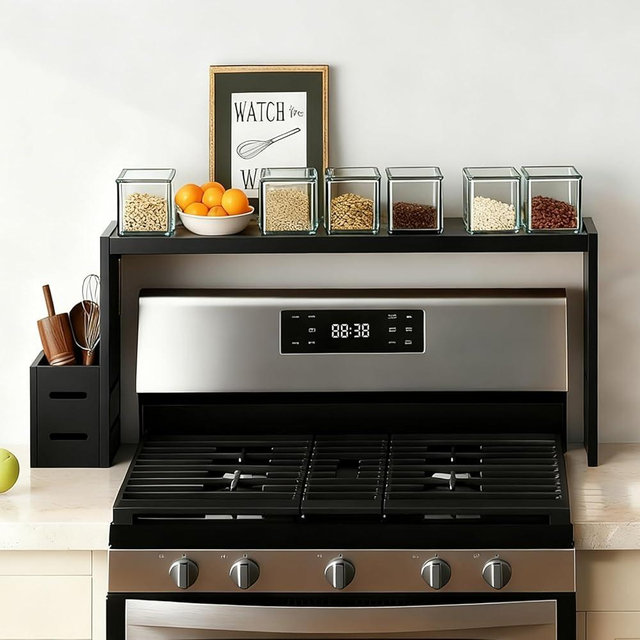 BESLCEID 31-inch bamboo stove rack for above the hob, kitchen bamboo spice rack, supports up to 50 pounds. Bamboo stove rack for storing spices and kitchen utensils. (Black)
