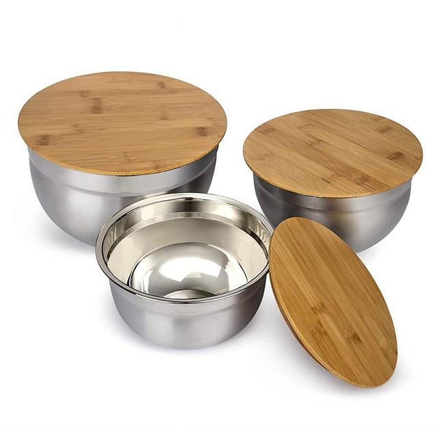 Stainless Steel Mixing Bowls Set with Bamboo Lids (Set of 3) - Polished Mirror Kitchen Bowls, Nesting Bowls for Space Saving Storage, Cooking, Baking & Serving Bowls