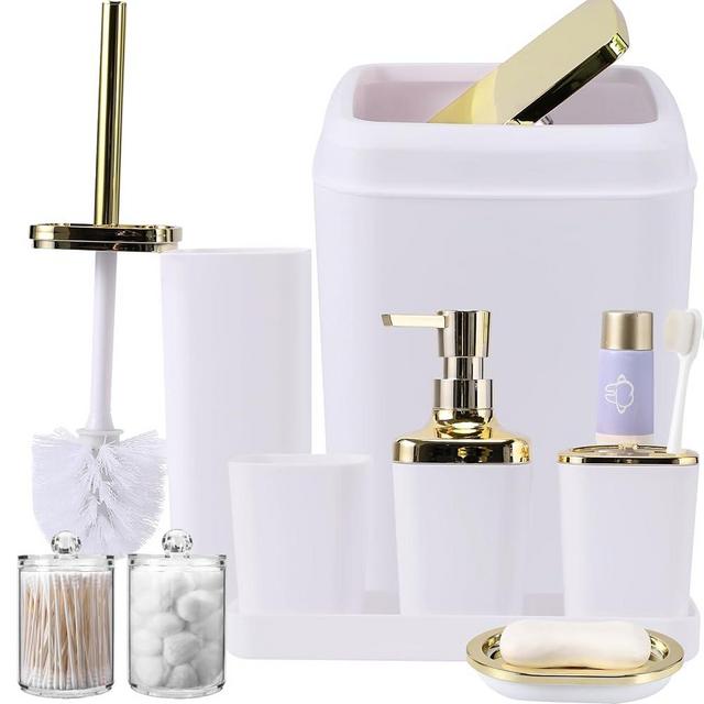 9Pcs Bathroom Accessories - White Bathroom Accessories Set with Trash Can, Soap Dispenser, Soap Dish, Toothbrush Holder, Toothbrush Cup, Toilet Brush Holder, Qtip Holders and Tray for Home Decor