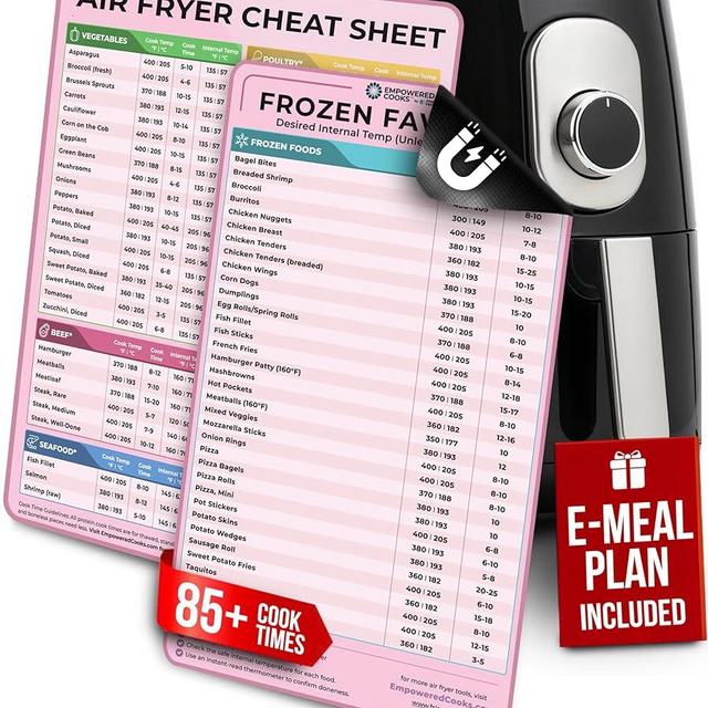 Cathy Yoder's Air Fryer Cheat Sheet Set, Air Fryer Accessories, AirFryer Cooking Guide Magnetic Cheat Sheet, AirFryer Cook Times Chart Magnet, Internal Food Temp for 80+ Popular Foods - Pink