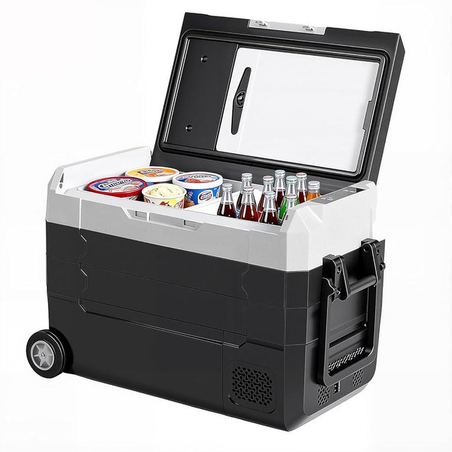 OLIXIS Portable Car Refrigerator, 42QT Dual-Zone Electric Cooler for Vehicles with Wheels & Cutting Board, -4℉-68℉ Freezer Smart Control via Bluetooth, Battery Protection, 12/24V DC & 100-240V AC
