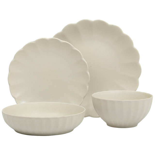 Gibson Elite Malibu Shore 16 Piece Scallop Stoneware Reactive Glaze Ceramic Plates and Bowls Dinnerware Set - White
