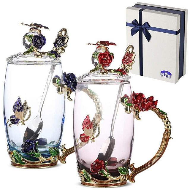 BTaT- Tea Cups with Lids, Pack of 2, Glass Tea Cup, Fancy Tea Cups, Gifts for Women, Tea Mugs for Women, Tea Sets for Women..
