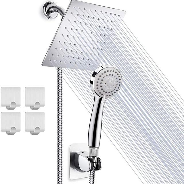 Taiker Shower Head, High Pressure 8'' Rainfall Stainless Steel Shower Head/Handheld Combo with 60'' Hose Anti-leak Shower Head with Holder, Flow Regulator, Chrome, 4 Shower Hooks