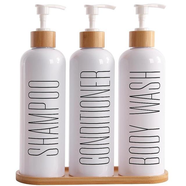 Prus Waso Shampoo and Conditioner Dispenser, Contains Shampoo Conditioner Body Wash Dispenser. Shower Soap Dispenser with Bamboo Pumps & Tray, Perfect for Modern Bathroom Decor. (White)