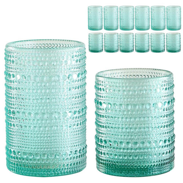 ZMOWIPDL Vintage Glassware Drinking Glasses Set of 12,Light Blue 12oz & 15oz Hobnail Glass Cups,Embossed Water Tumbler,for Beer,Cocktail,Whiskey,Juice and Various Mixed Drinks- 1 Cleaning Brush