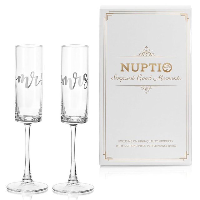 NUPTIO Champagne Glasses Mr Mrs: Set of 2 Wedding Gift Engraved Flutes Prosecco Silver His Hers Personalised Present Clear Couple Groom Bride Engagement Anniversary Valentines Birthday