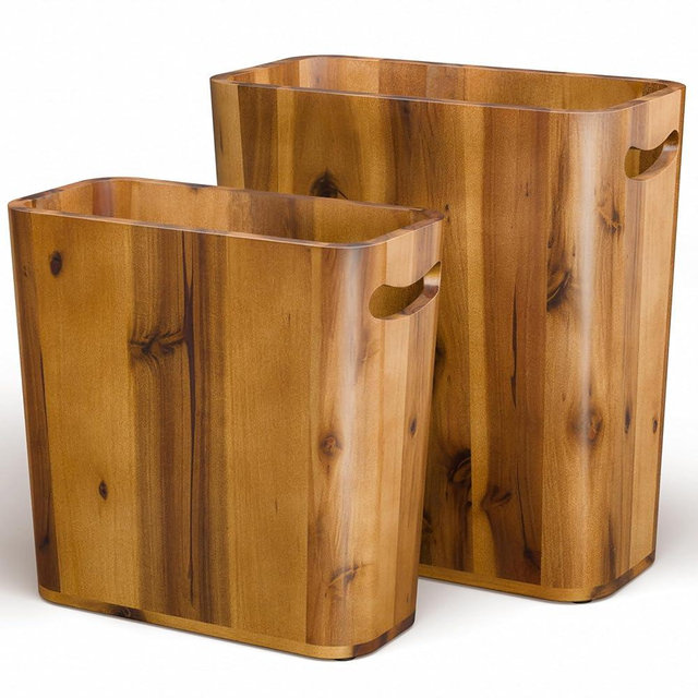 TIDITA Set of 2 Acacia Wood Waste Basket for Bedroom - Small Wooden Trash Can for Bathroom, Rustic Bathroom Decor - Waste Paper Basket with Handle, 2PCS Wood Trash Can, Office Trash Cans for Near Desk