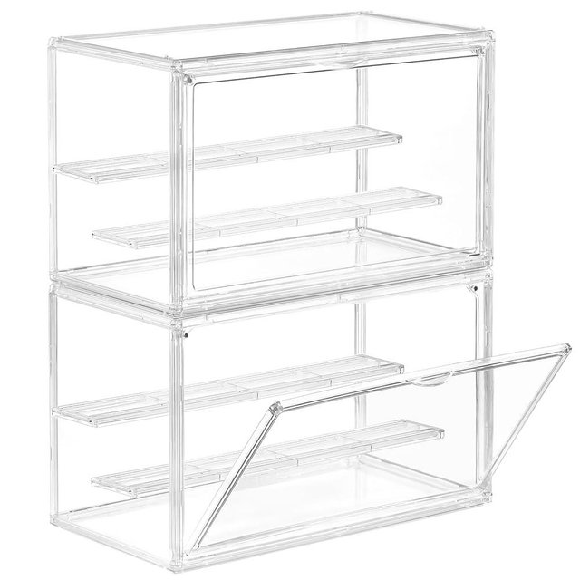 Freebat Clear Acrylic Display Case for Collectibles - 3-Tier Adjustable Figure Display with Magnetic Door & Removable Shelves,Stackable Dispaly box for Figures - 2 Pack