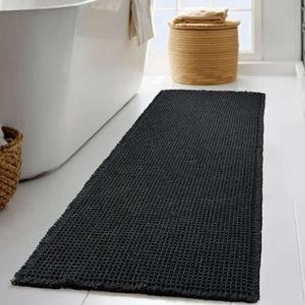 KGORGE Black Waffle Bath Mat, Ultra Soft 60" x 24" Long Bathroom Rug with Tassels, Non Slip Farmhouse Floor Cover Super Absorbent Quick Dry Large Rugs for Bathroom Shower Tub Toilet Kitchen, 1pc