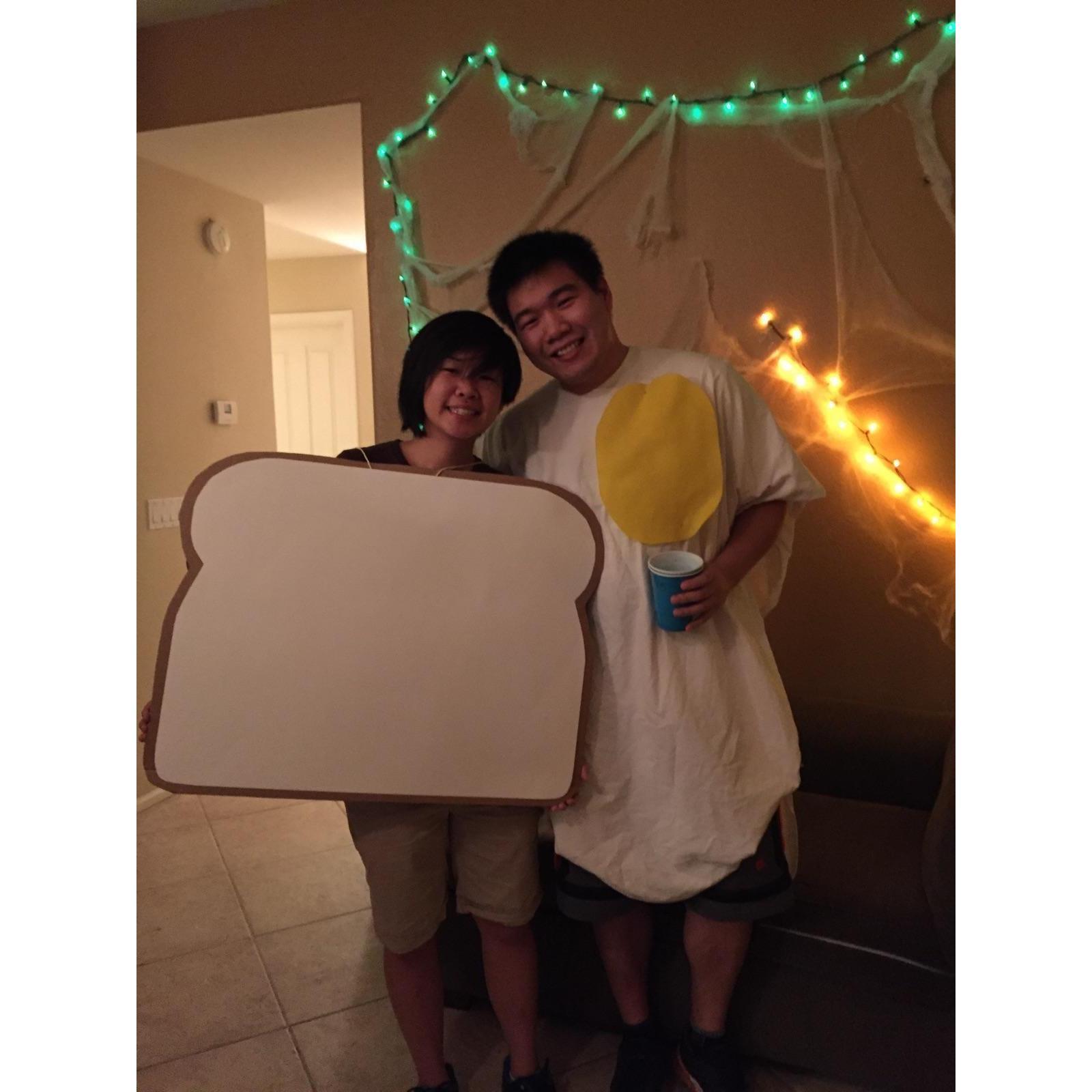 Halloween's egg and toast. Johnny won the costume contest as the freshest fried egg.