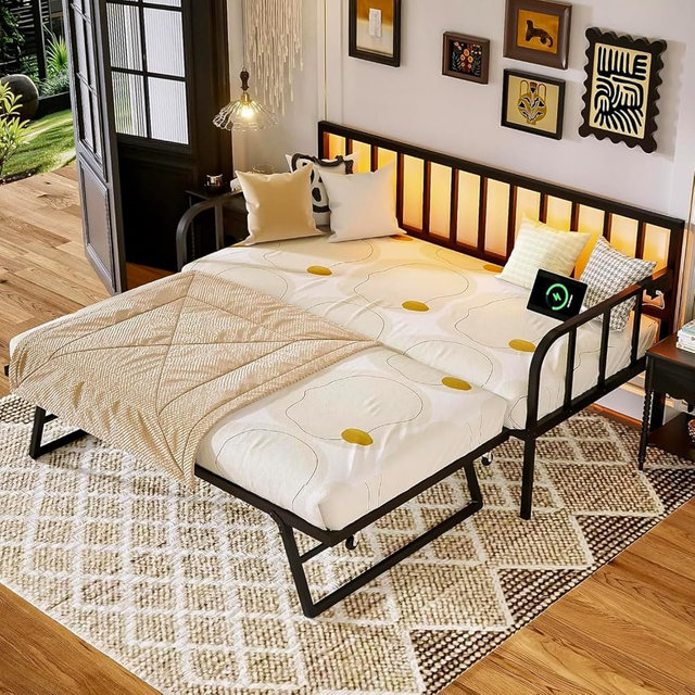 MU Daybed with Pop Up Trundle, Twin Day Bed with Trundle Bed Twin, Charging Station and LED Lights, Twin to King Metal Bed Frame with Steel Slat Support for Bedroom, Guest Room and Living Room, Black