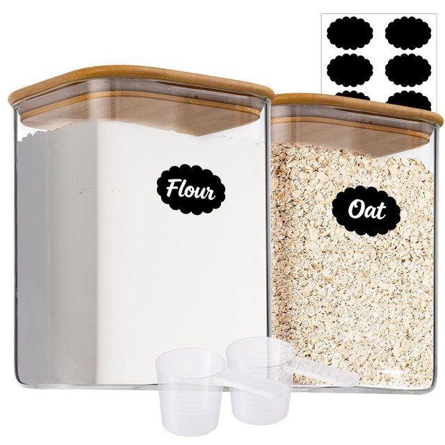 Xoniwis 115oz 2PCS Large Glass Food Storage Containers of Wide Mouth Storage Containers with Tight Lids Square Glass Jars for Flour and Sugar, Cereal, Rice, Pasta, Oats, Wheatmeal, Coffee, Niblet