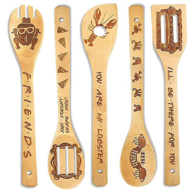 Friends Wooden Spoons Utensils Set of 5 - Novelty Friends TV Show Home Kitchen Decor Engraved Burned Nature Bamboo Spoons Spatulas - Perfect Gifts for Men and Women's Birthday Wedding House Warming