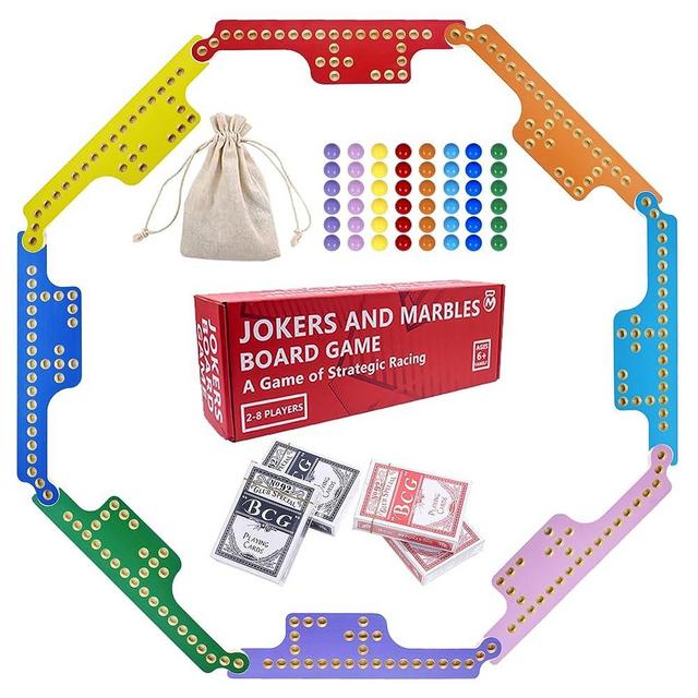 Jokers and Marbles Board Game for 2-8 Players, 8 Colors Double-Side Painted Solid Wood Board Game Set with 48 Marbles, 4 Decks of Cards, Pegs and Jokers Board Game for Adults Kids Family Game Night