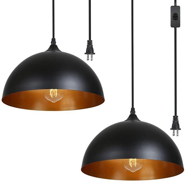 Tomshine Plug-in Metal Dome Pendant Light, Modern Globe Pendant Light Shades for E26 Bulbs, Industrial Black Barn Pendant Light for Farmhouse Kitchen Island Café(2 Packs)