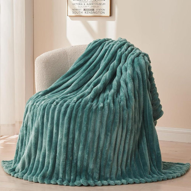 NEWCOSPLAY Super Soft Twin Blanket Light Teal Premium Silky Flannel Fleece 3D Ribbed Jacquard Lightweight Bed Blanket All Season Use (Light Teal Ribbed, Twin(60"x80"))