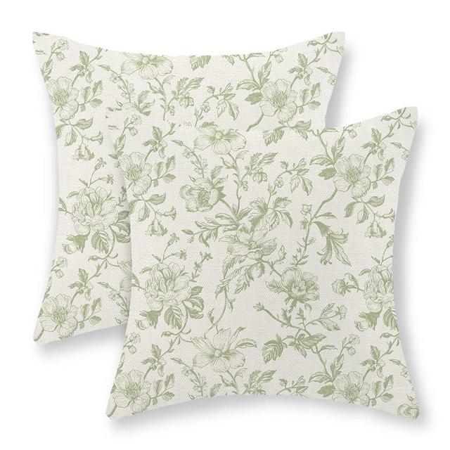 JEFERSO Sage Green Floral Pillow Covers 18x18 Set of 2 Light Green Chinoiserie Floral Decorative Throw Pillows Vintage Rustic Toile Flower Pillowcase Outdoor Decor Linen Cushion Cover for Couch Sofa