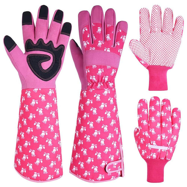 OIZEN Long Sleeve Thorn Proof Gardening Gloves for Women - 1 Pair Long and 1 Pair Short for Yard Work - Gardening Gifts (Pink, Large)