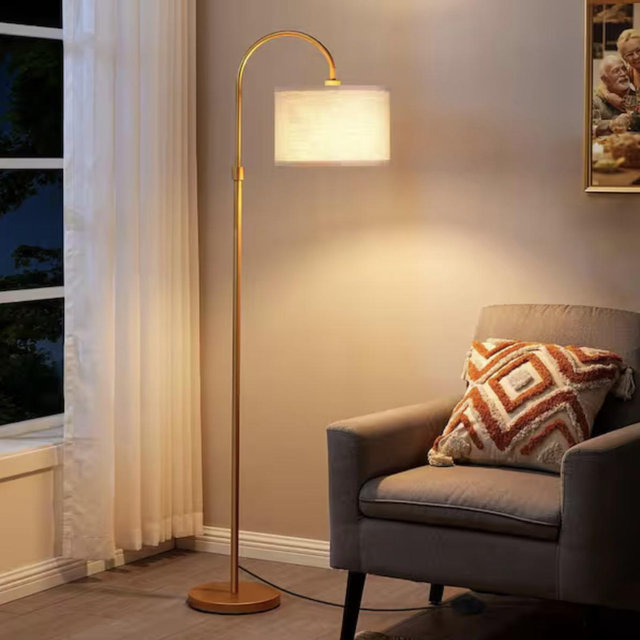 61.8 in. Gold 1-Light Arc Floor Lamp for Bed Room With Fabric Drum Shade
