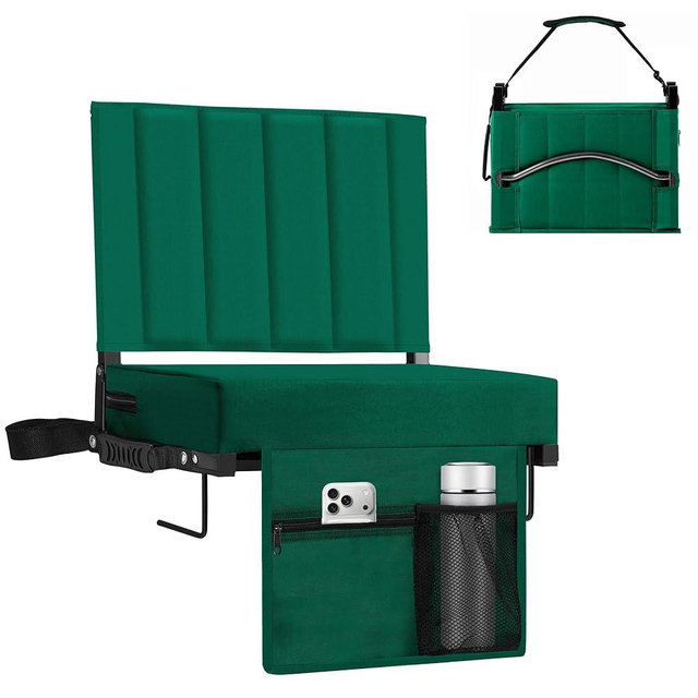 Halituny Stadium Seat for Bleachers with Back Support 2 Pack, Portable Bleacher Seat with Padded Cushion, Metal Hook, Folding Stadium Chair with Shoulder Strap, Carry Handle, Cup Holder, Green