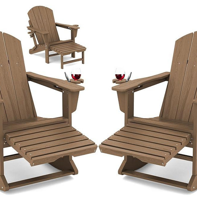 KINGYES Adirondack Rocking Chair Set of 2 with Retractable Ottoman and Cup Holders, HDPE Adirondack Rocker Patio Rocking Chair for Porch, Patio, Balcony, Brown