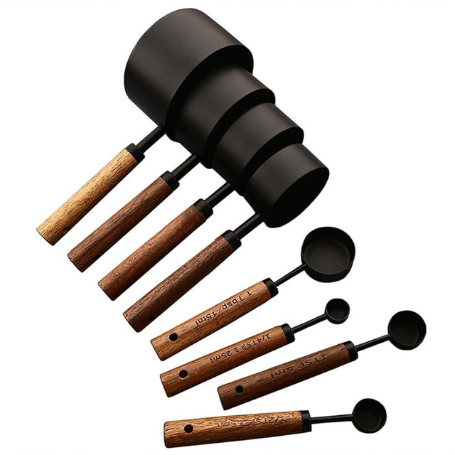 8 pieces Black Measuring Cups Set and Measuring Spoons Set with Scale, BRIIEC Wooden Handle Stainless Steel Dry & Liquid Measuring Cup for Cooking Baking