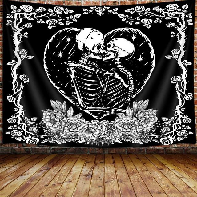 Trippy Skull Small Tapestry, Tarot Card Black and White Skeleton Lover Tapestry Wall Hanging for Bedroom, Flower Aesthetic Goth Home Decor Tapestry Beach Blanket College Dorm (60"W X 40"H)
