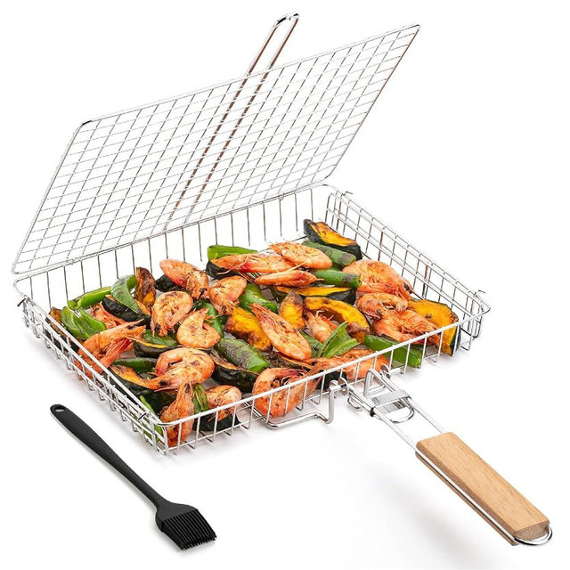 UNCO- BBQ Grill Basket, Folding Portable Stainless Steel BBQ Grill Basket with with Removable Wooden Handle & Basting Brush for Vegetables, Shrimp, Fish, Locking Grilling Basket for Outdoor, Camping