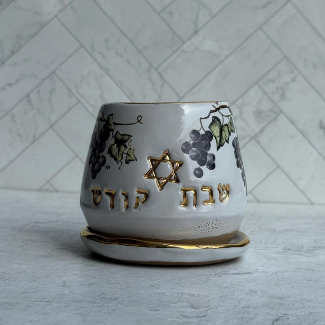 Ceramic Kiddush Cup, Rustic ceramic Sabbath goblet with 24k gold, bar mitzvah gift