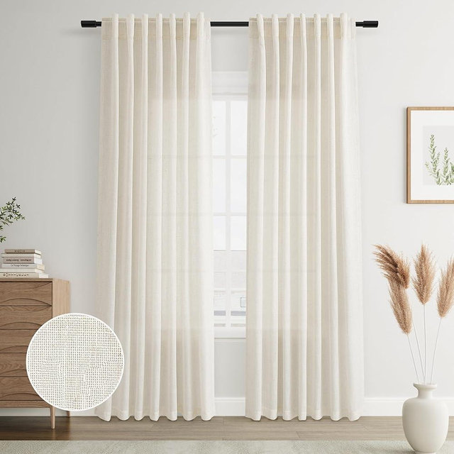 Joywell Cream Natural Back Tab Rod Pocket Linen Curtains 84 Inches Long 2 Panels for Living Room Bedroom Neutral Boho Farmhouse Rustic Light Filtering Semi Sheer Curtains Window Treatment 52x84
