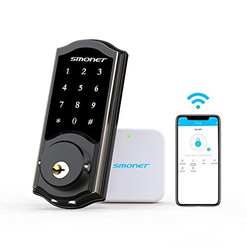 Keyless Entry Door Lock with Keypads,SMONET Smart WiFi Deadbolt, Digital Electronic Bluetooth Touchscreen Auto Lock with Gateway Hub, Work with Alexa,APP,Code,Key for Home Apartment Front Door,Black
