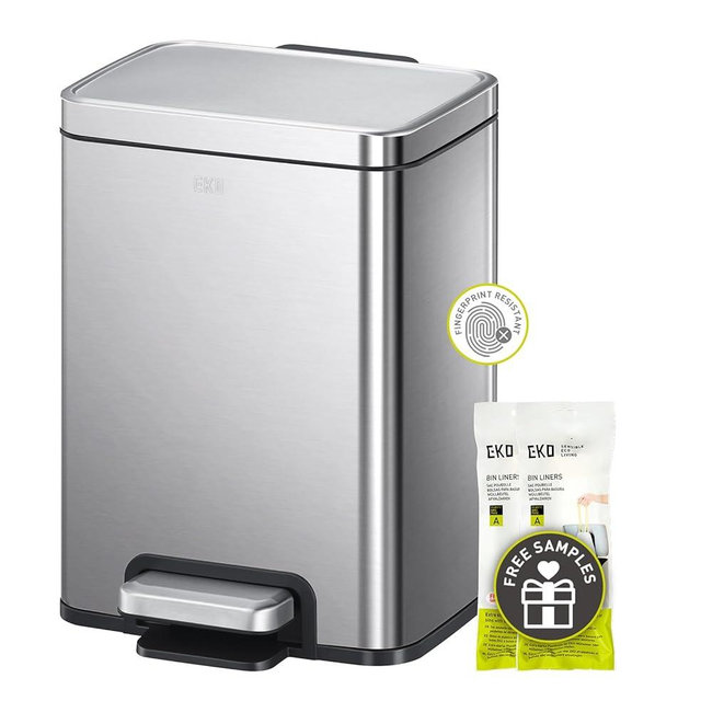 EKO Madison 6L / 1.6 Gal Bathroom Trash Can with Lid and Removable Inner Basket, Rectangular Small Step Trash Can, Brushed Stainless Steel