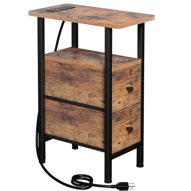 LOAKEKEL Narrow End Table Living Room with Charging Station, Skinny Side Table with Fabric Drawers, Slim Nightstand for Bedroom, Small Spaces, Couch, Rustic Brown, HETNDP02PBR-1