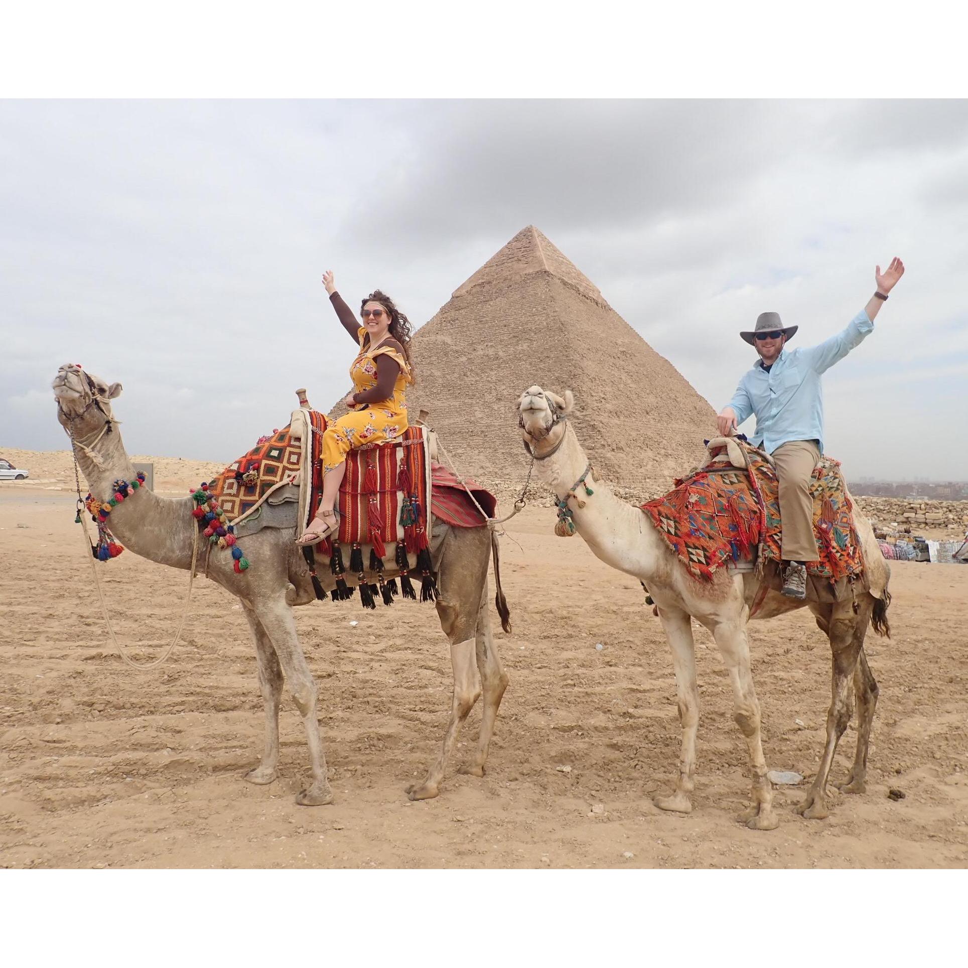 Riding a camel is taller than it appears. The Pyramid of Giza; Egypt Jan 2018