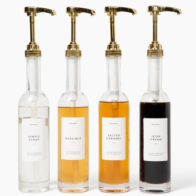 MoliMoli Coffee Syrup Dispenser for Coffee Bar, 350mlCoffee Pump Dispenser, Glass Syrup Bottle w. Pumps, Simple Syrup Dispenser w. Labels,Set of 4, (Gold)