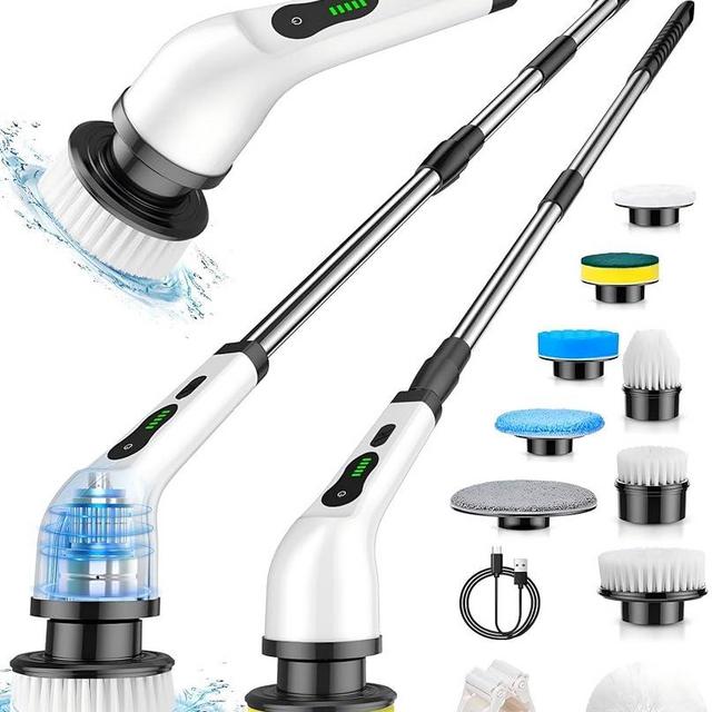 Electric Spin Scrubber, Cordless Cleaning Brush, Shower Scrubber with 9 Brush Heads 2H Power Dual Speed, Adjustable Extension Handle, IPX7 Waterproof for Tub Tile Floor Car, LX A-J1