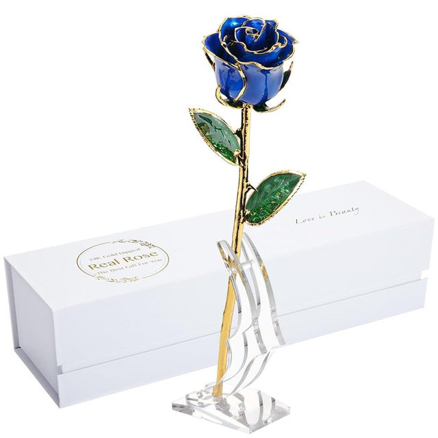 MAXSPT 24K Gold Rose, Dipped Rose is Attractive Luster and Natural Shape, Best Gifts for Anniversary Wedding Valentines Day (Blue Original Rose with Stand)