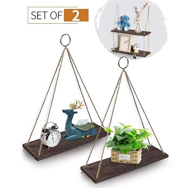 AGSIVO Hanging Shelves Wall Mounted Wood Shelves with 2 Rings Lightweight and Durable Farmhouse Rope Shelves for Living Room Bedroom Bathroom Kitchen
