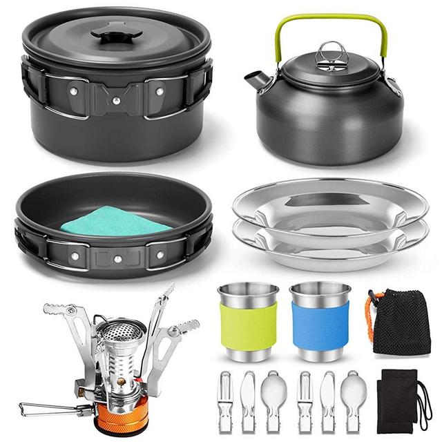 Odoland 16pcs Camping Cookware Mess Kit with Folding Camping Stove, Non-Stick Lightweight Pot Pan Kettle Set with Stainless Steel Cups Plates Forks Knives Spoons for Camping Backpacking Outdoor Picnic