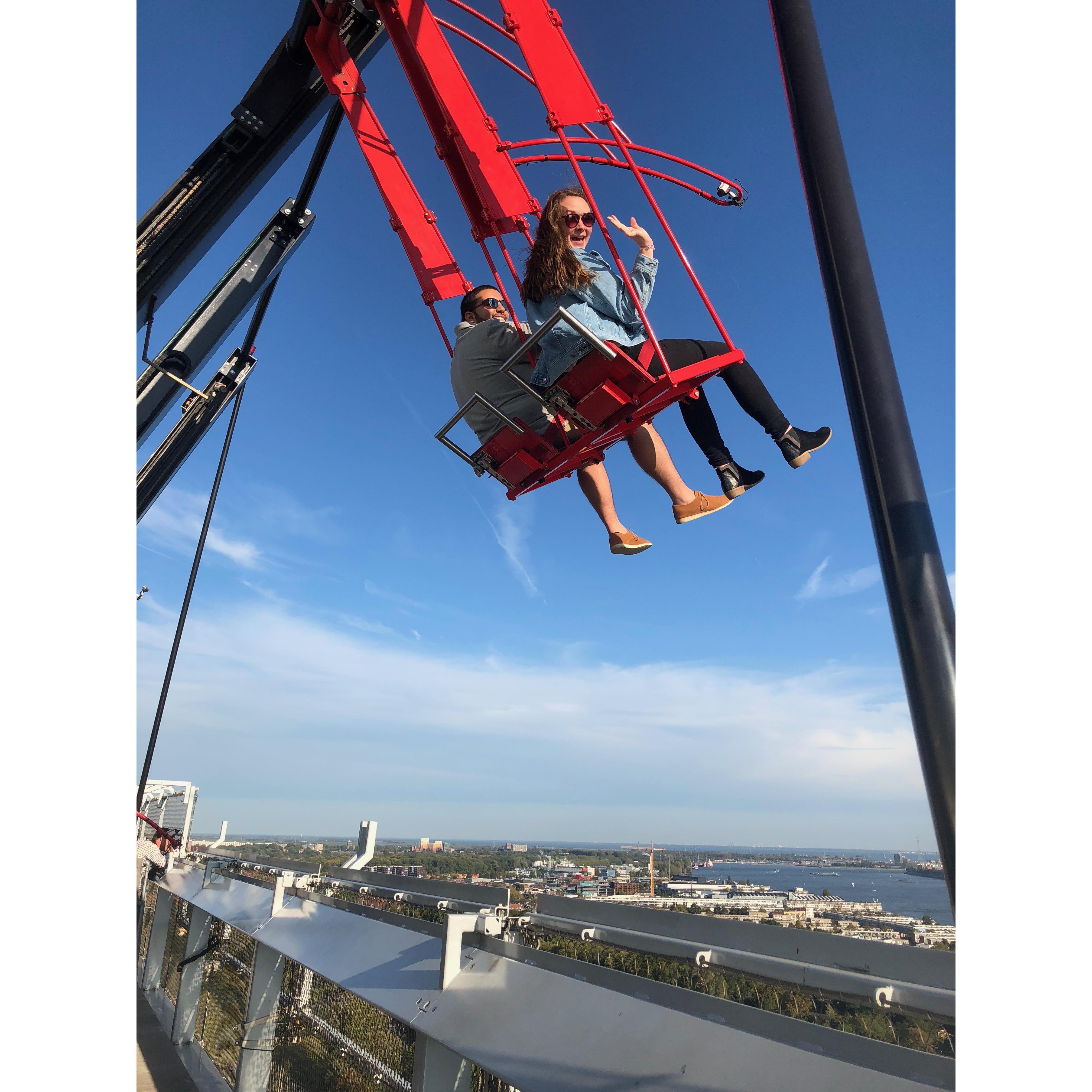 Us soaring over Amsterdam at the A'DAM Lookout.