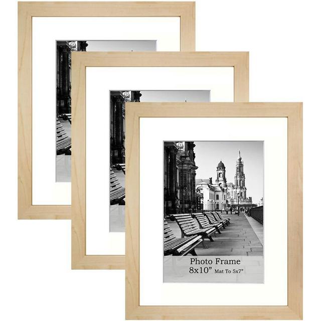 meetart 8x10inch Shallow wooden-grain color Photo Frames mat to 5x7inch, Pack of 3 Piece, In Plastic Glass, MDF Wood Material Easel for Table Top Stand And Wall hanger Vertical and Horizontal. 