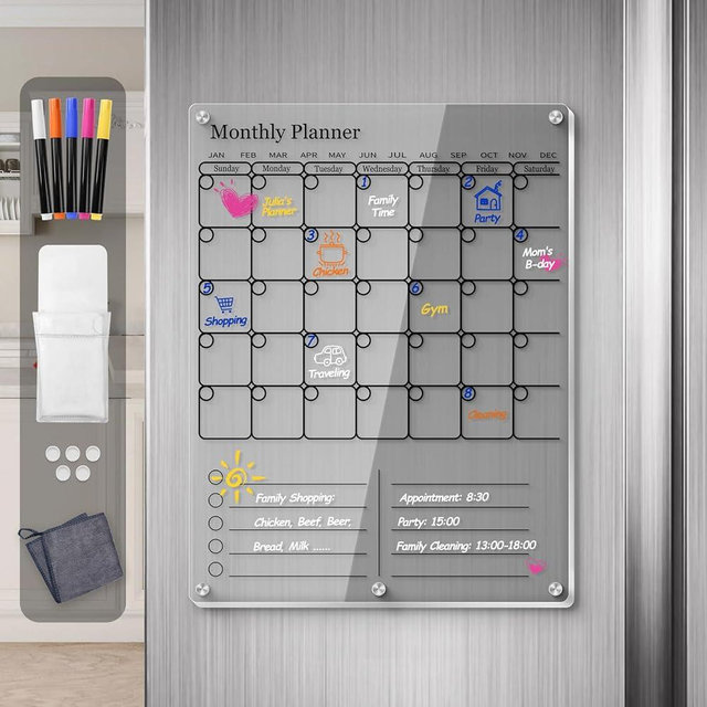 Magnetic Acrylic Fridge Calendar 2024, Clear Dry Erase Board Calendars for Fridge, 2 in 1 Monthly Calendar Reusable Planner, Family Calendar WhiteBoard Planning Include 5 Color Marker Holder (Black)